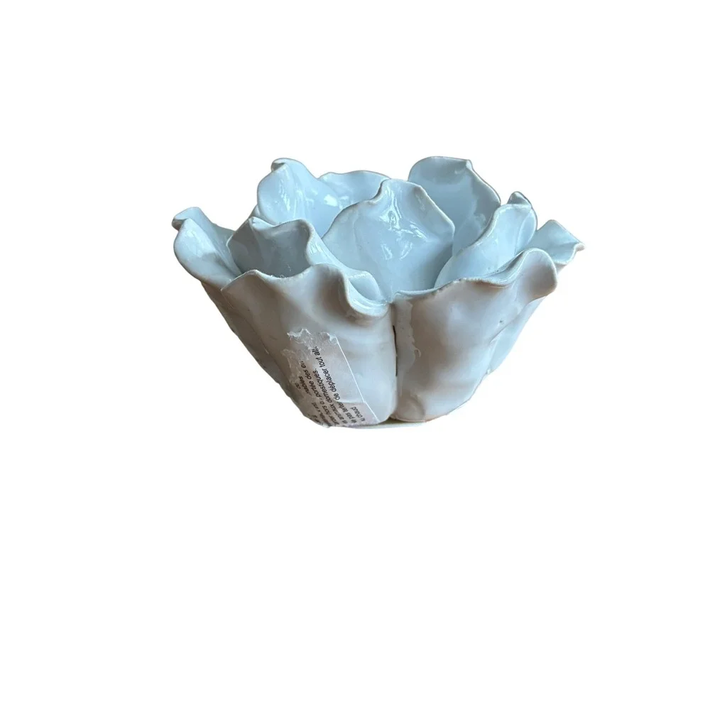 Ceramic Flower Candlestick / Tea Light Holder Small Cream Ruffled Petal
